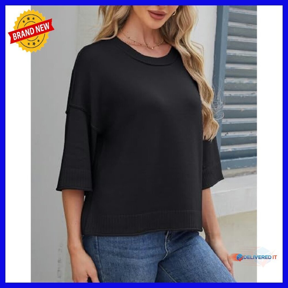 Oversized Cropped Pullover 3/4 Sleeve Lightweight Knit Summer Top - Picture 6 of 8